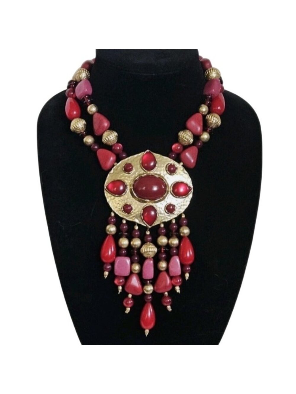Vintage Chicos Red Statement Necklace Gold Beaded Fringe Bold 35th Anniversary - Picture 3 of 12